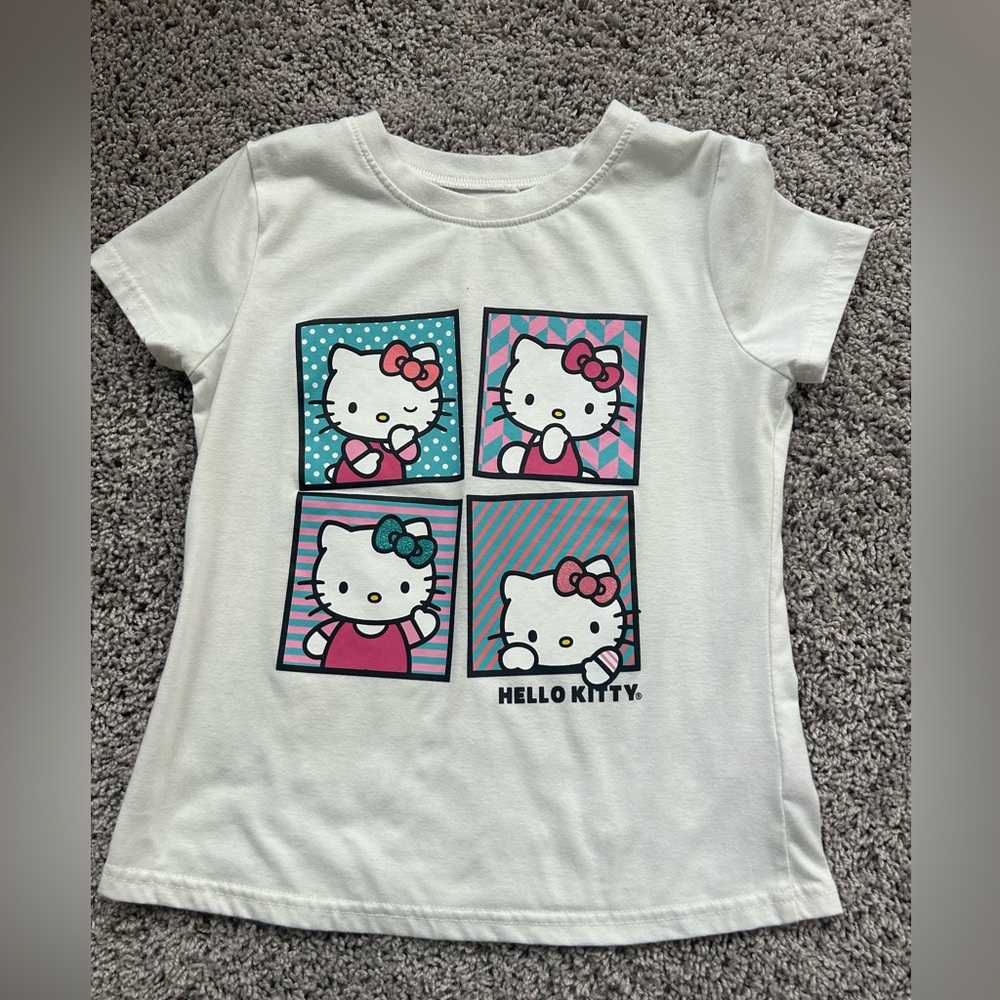 Hello Kitty White Tee with Pink and Teal Graphic Panels fo girls.
